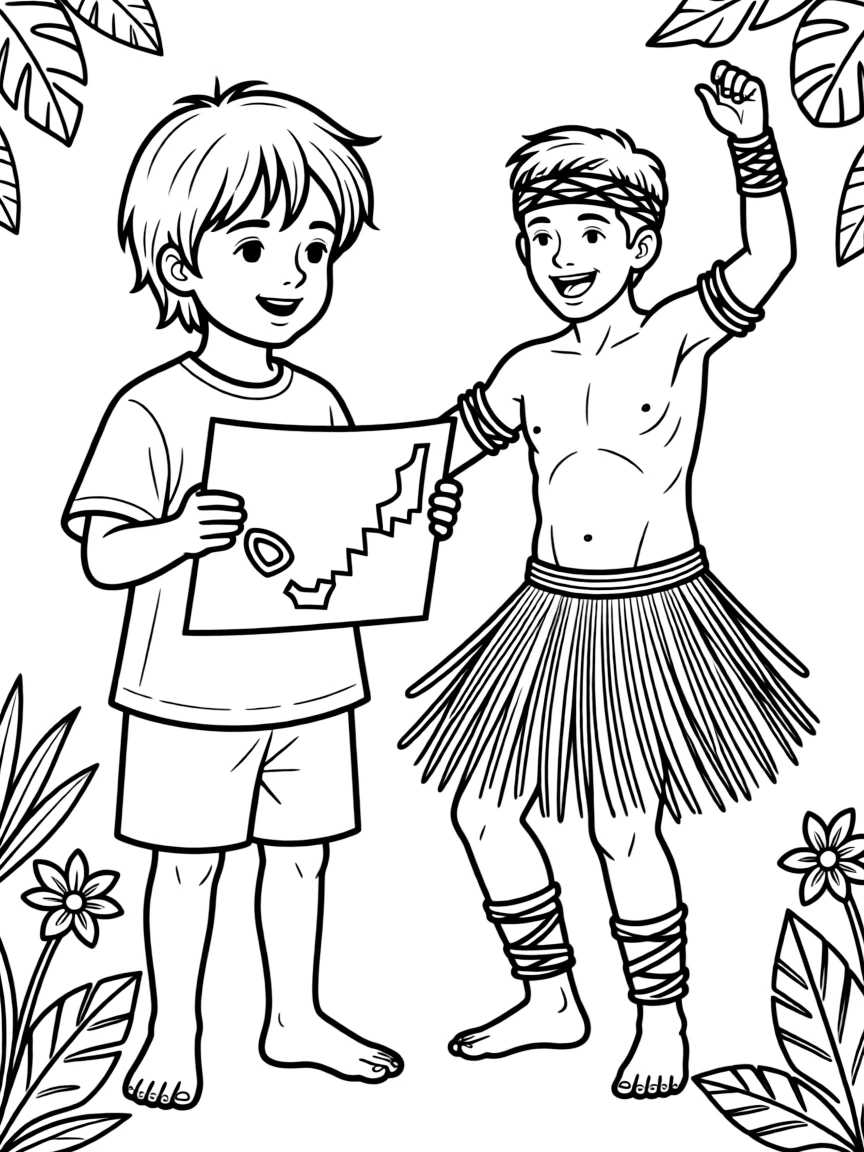 A child with a map of Vanuatu and a traditional dance.
