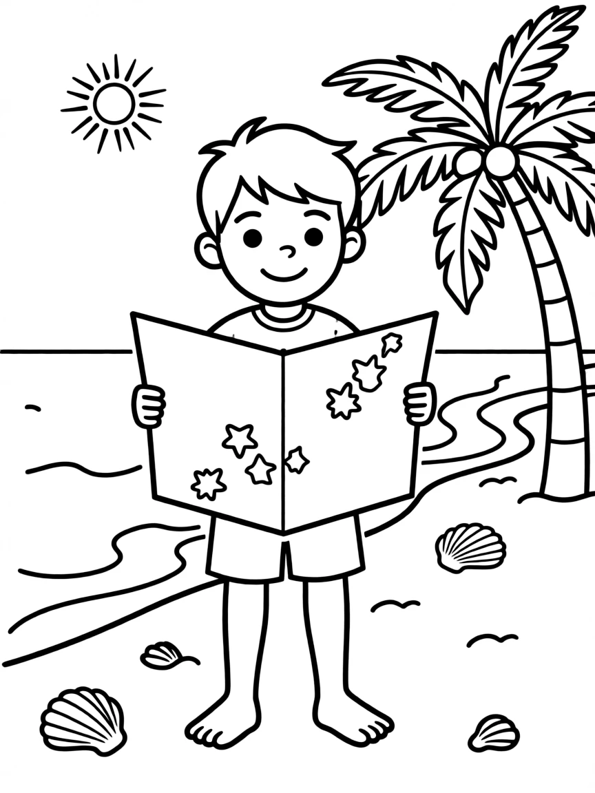 A smiling child with a map of Tuvalu and a beach.