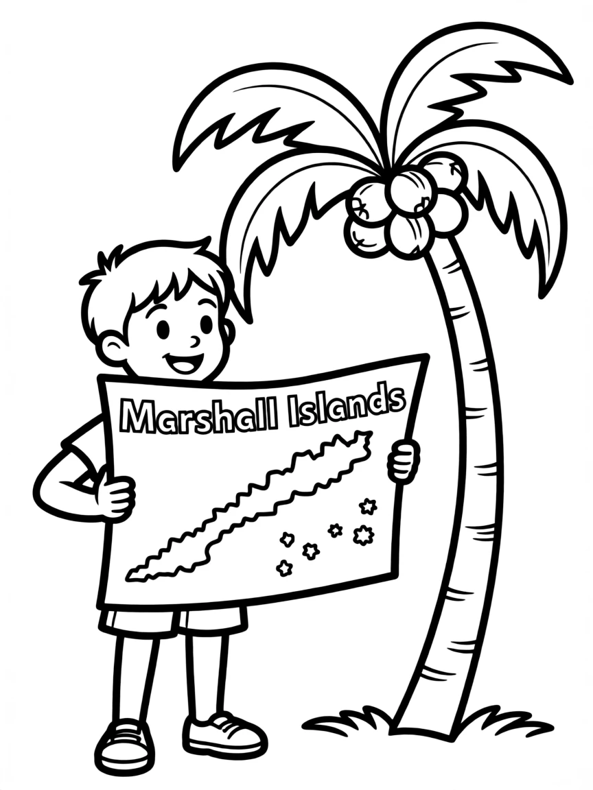 A cheerful child with a map of Marshall Islands and a coconut tree.