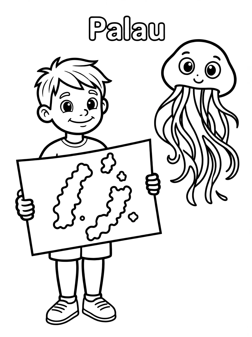 A smiling child with a map of Palau and a jellyfish.