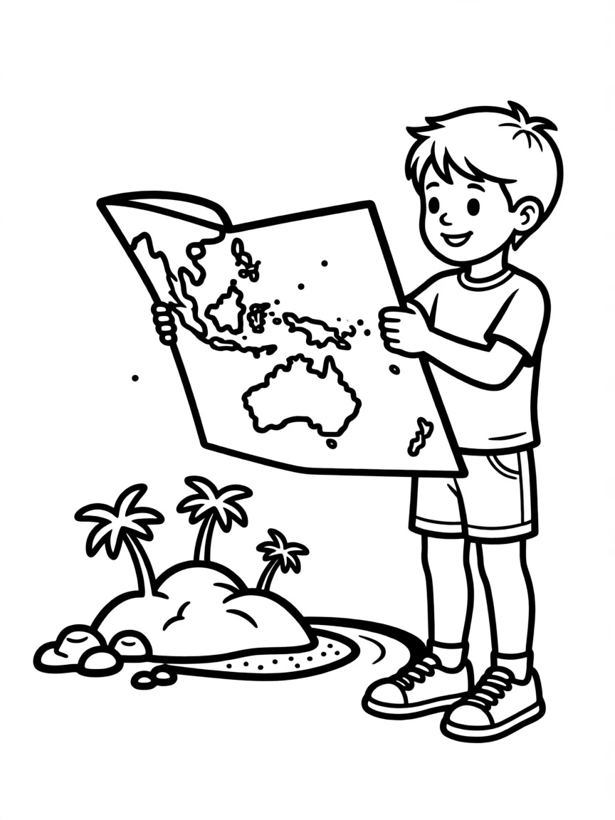 A child with a map of Micronesia and an island.