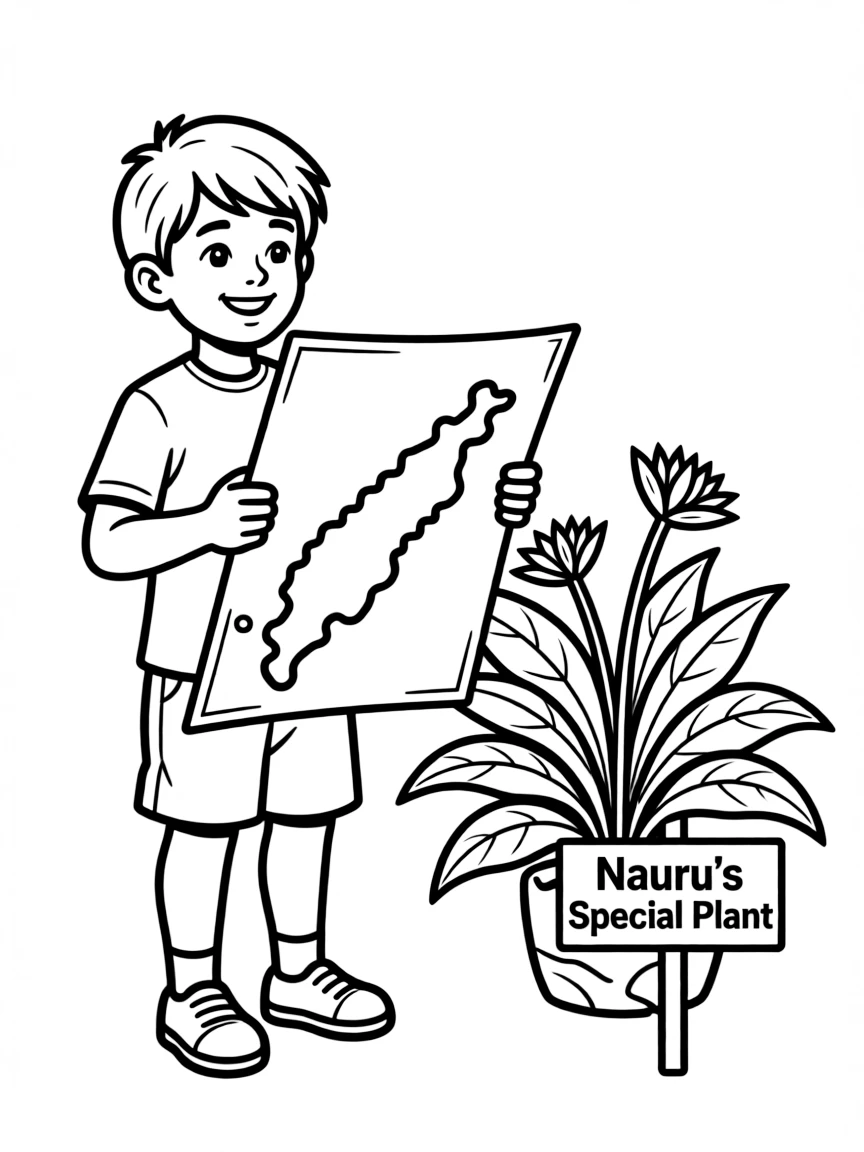 A happy child with a map of Nauru and a unique plant.