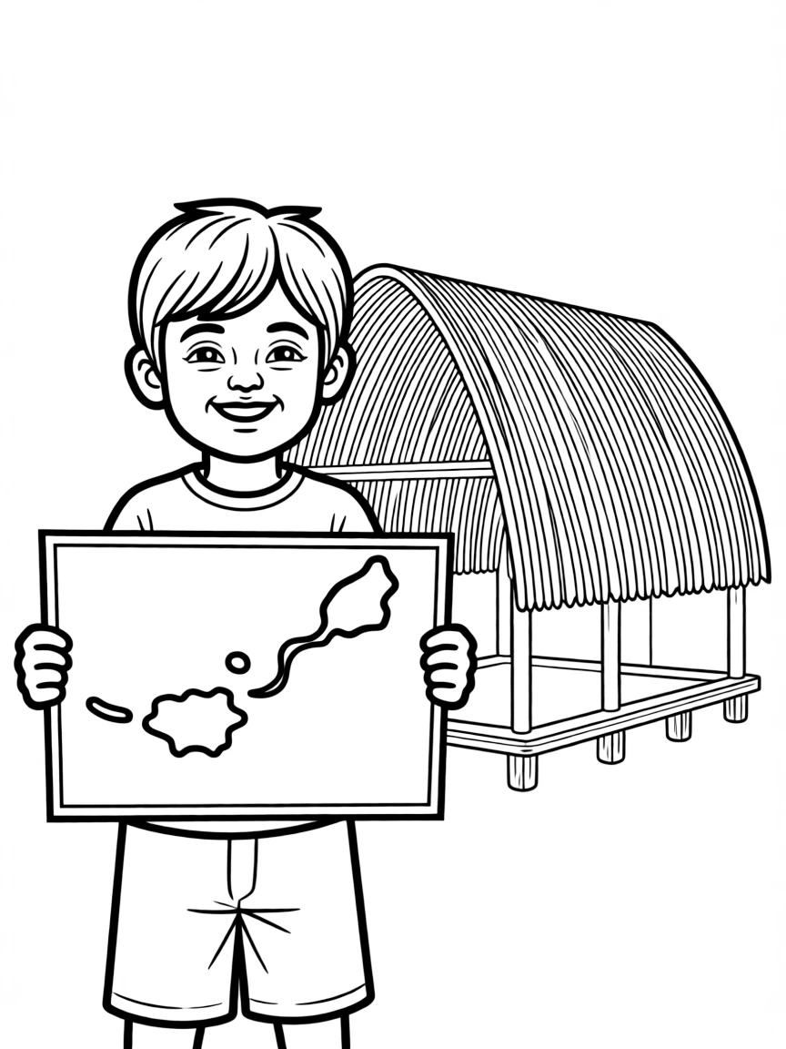 A cheerful child with a map of Samoa and a traditional house.