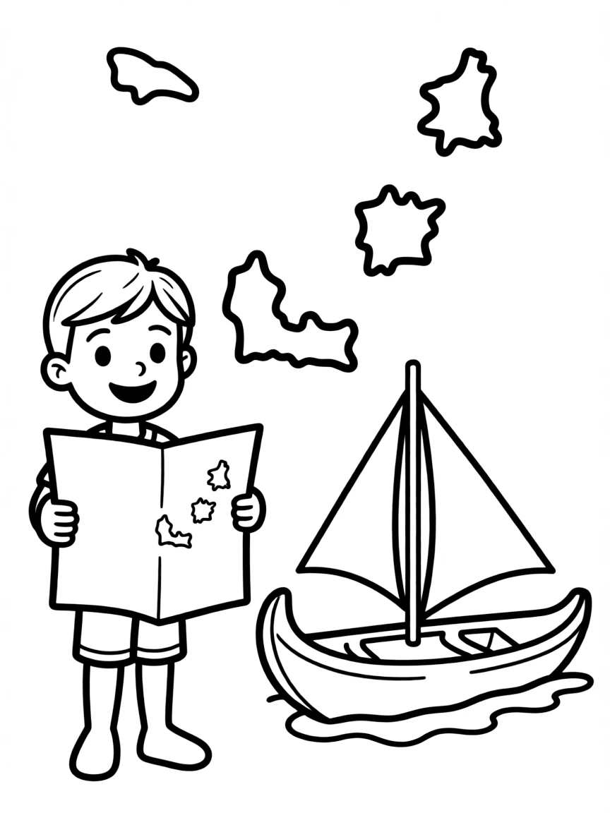 A child with a map of Tonga and a traditional boat.