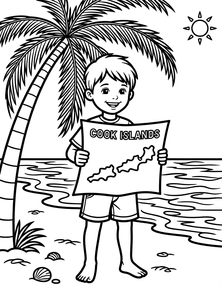 A smiling child with a map of Cook Islands and a beach.