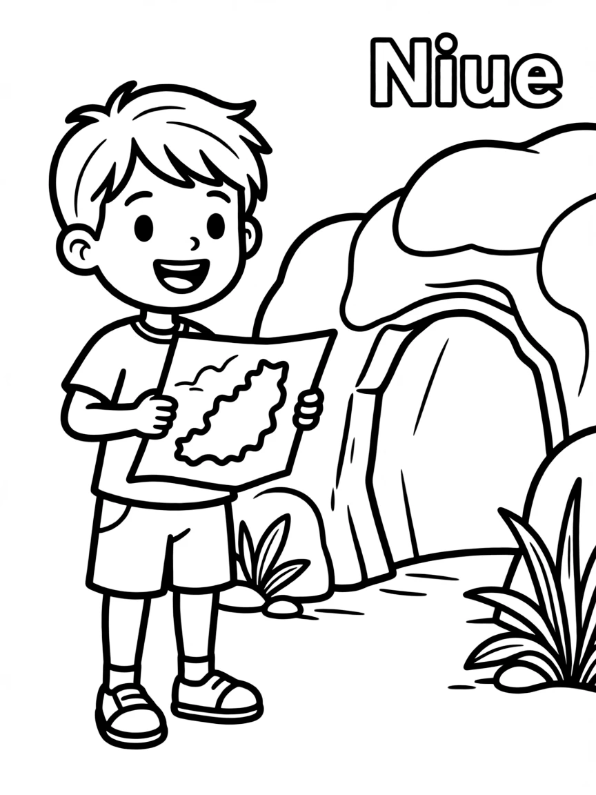 A happy child with a map of Niue and a cave.