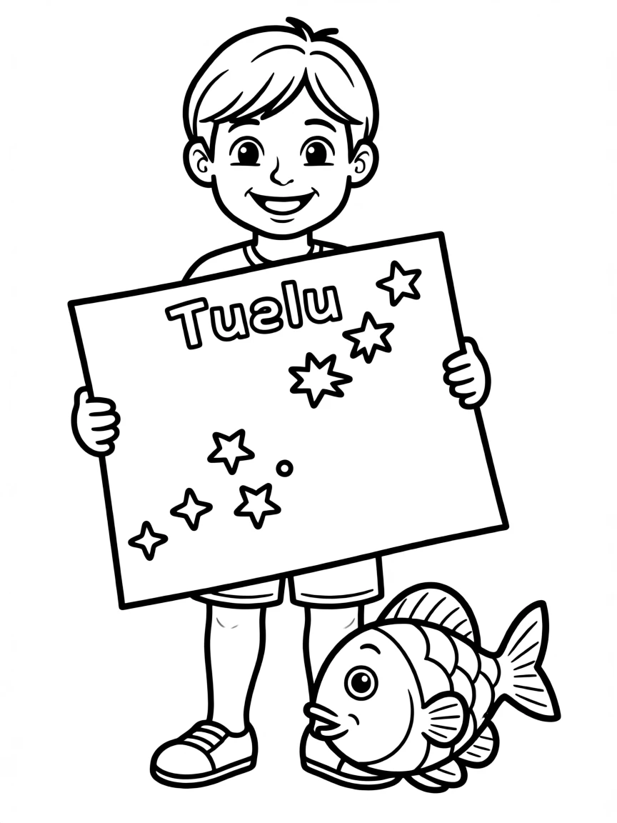 A cheerful child with a map of Tuvalu and a fish.