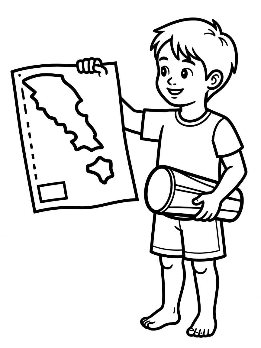 A child with a map of Vanuatu and a traditional instrument.