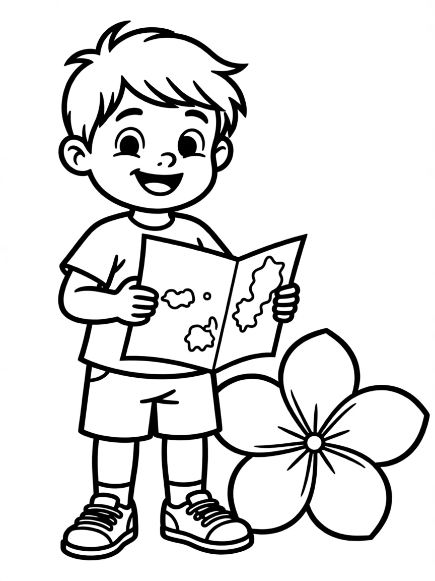 A smiling child with a map of Samoa and a flower.