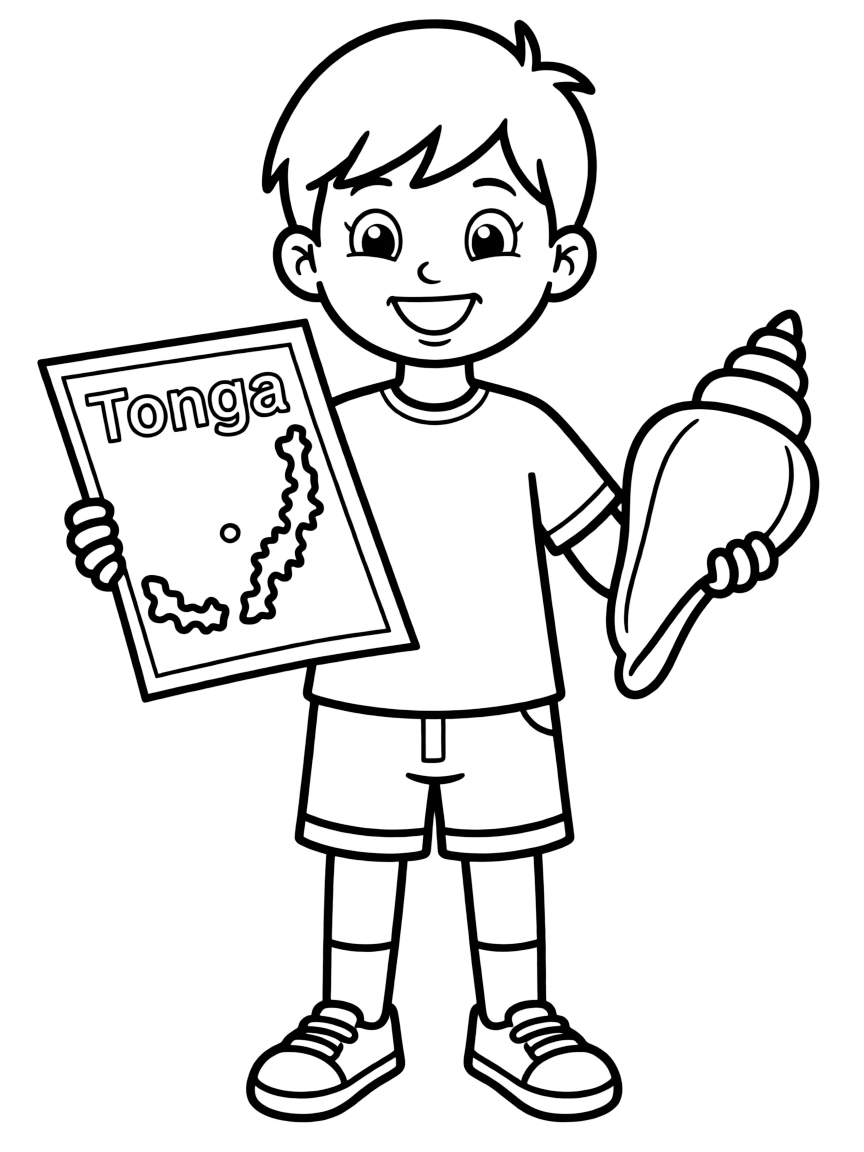 A happy child with a map of Tonga and a shell.