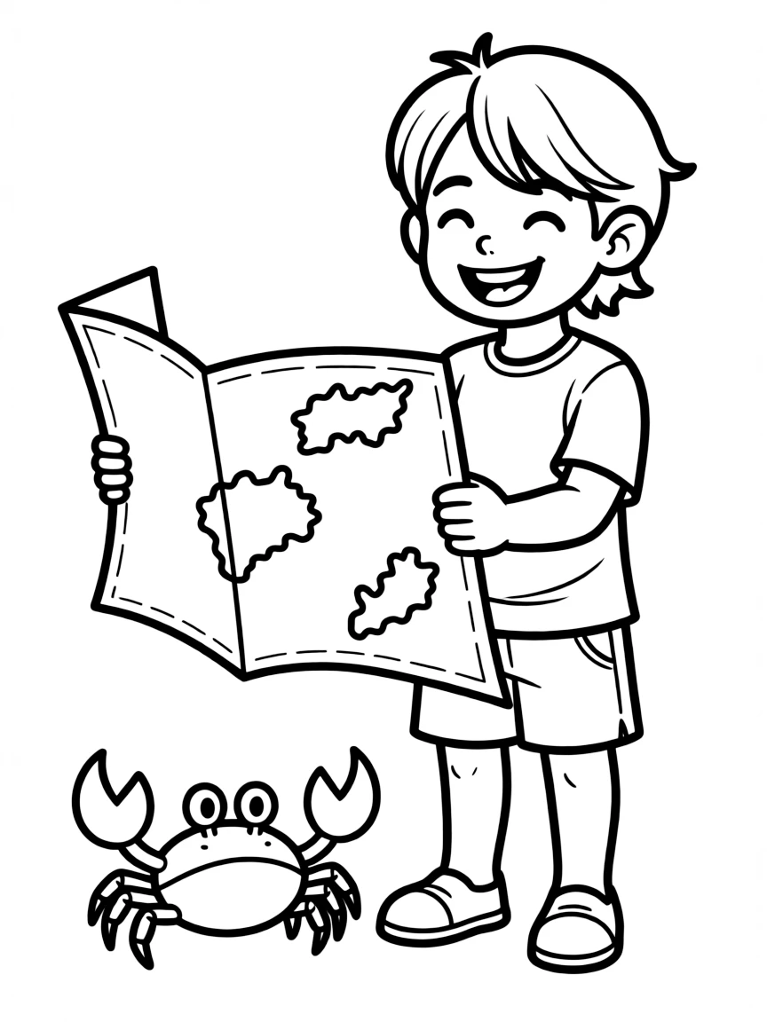 A cheerful child with a map of Fiji and a crab.