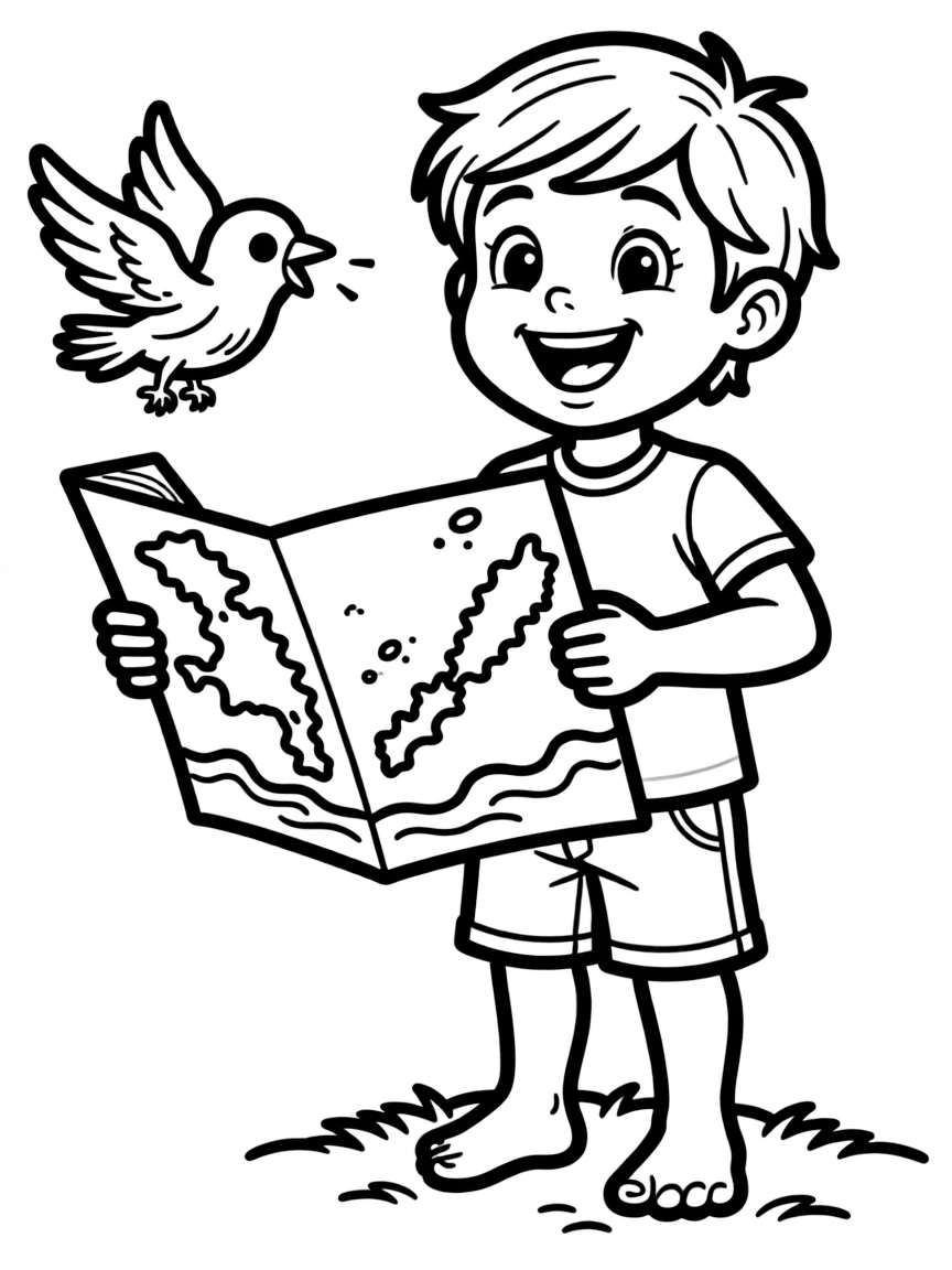 A smiling child with a map of Marshall Islands and a bird.
