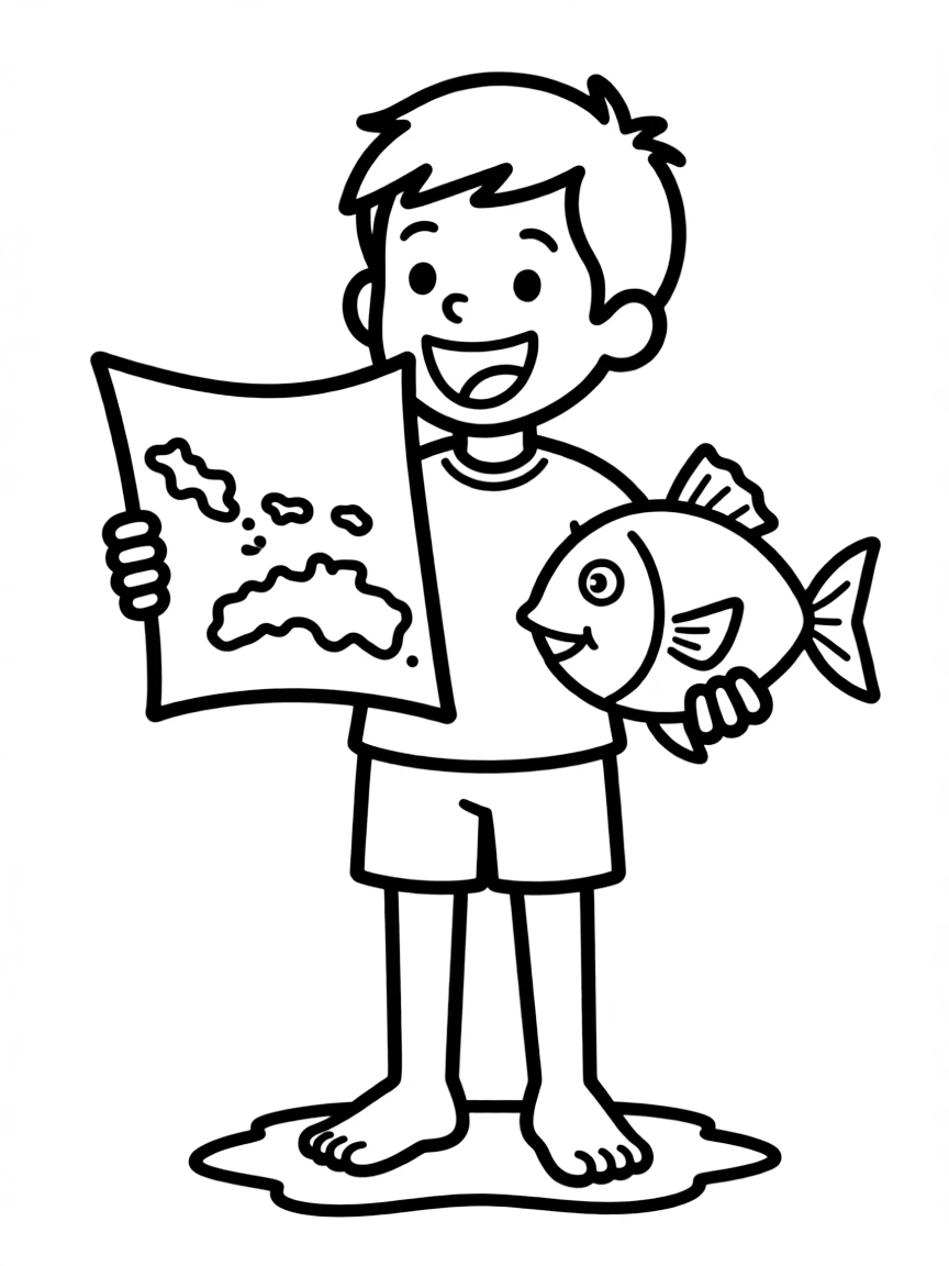 A happy child with a map of Micronesia and a fish.