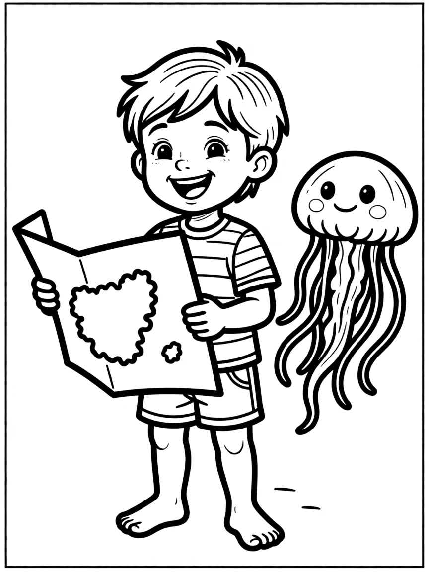 A cheerful child with a map of Palau and a jellyfish.