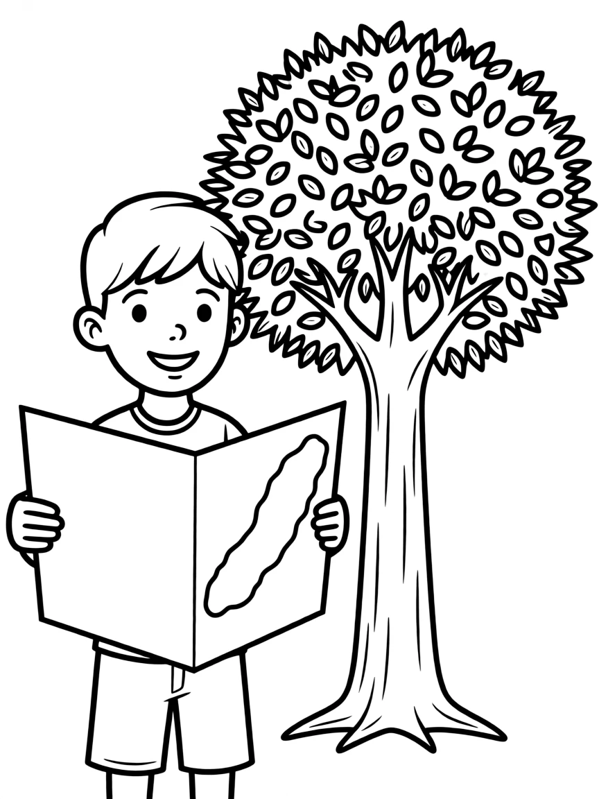 A child with a map of Nauru and a tree.
