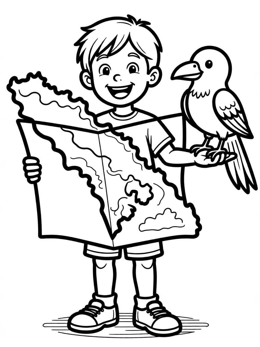 A smiling child with a map of Papua New Guinea and a colorful bird.