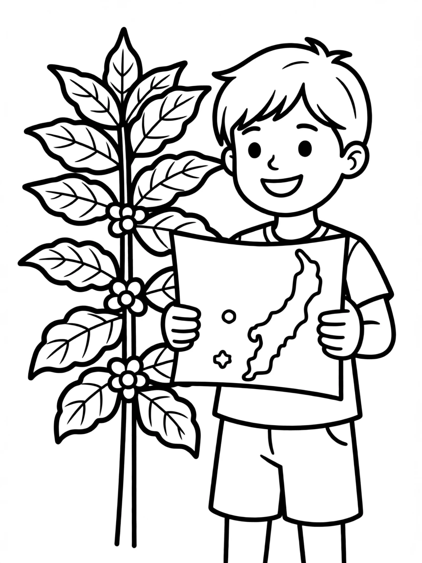 A happy child with a map of East Timor and a coffee plant.