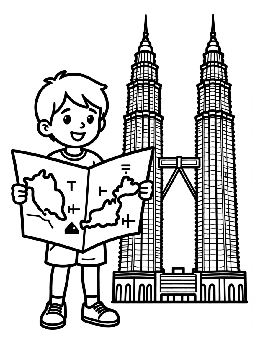 A child with a map of Malaysia and a Petronas Twin Towers.