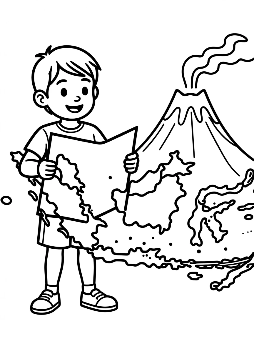 A smiling child with a map of Indonesia and a volcano.