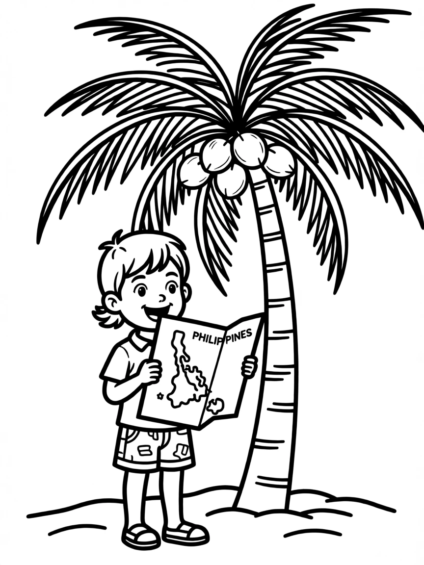 A happy child with a map of Philippines and a coconut tree.