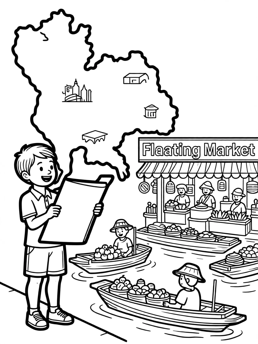 A cheerful child with a map of Thailand and a floating market.