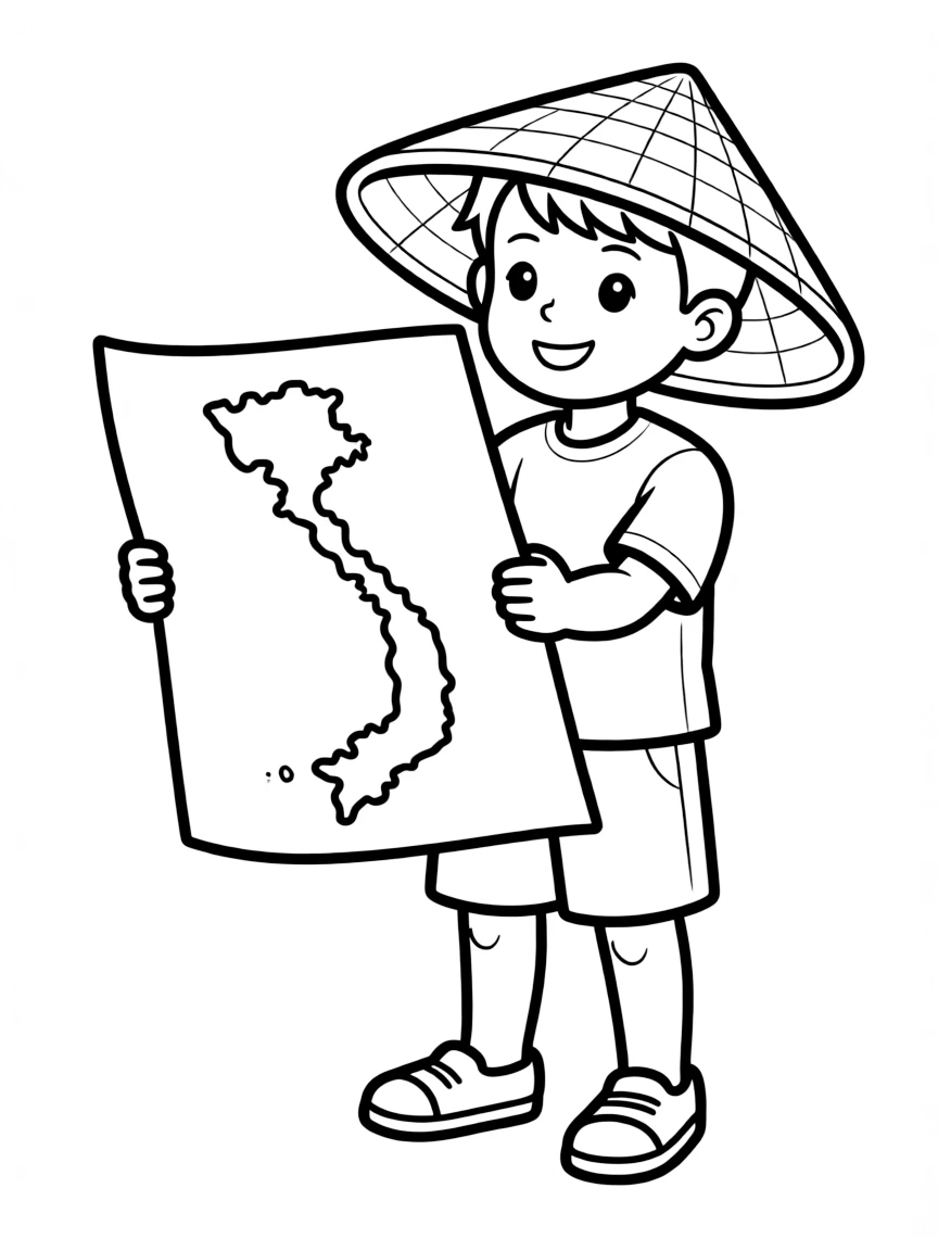 A child with a map of Vietnam and a conical hat.