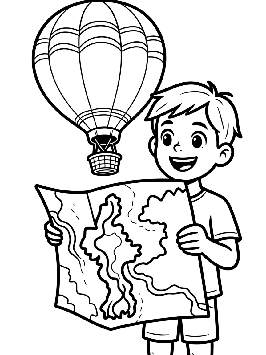 A smiling child with a map of Myanmar and a hot air balloon.