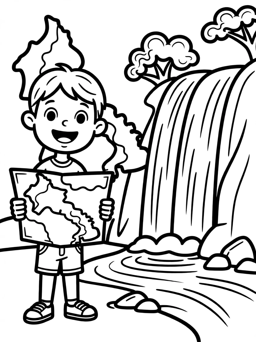 A happy child with a map of Laos and a waterfall.