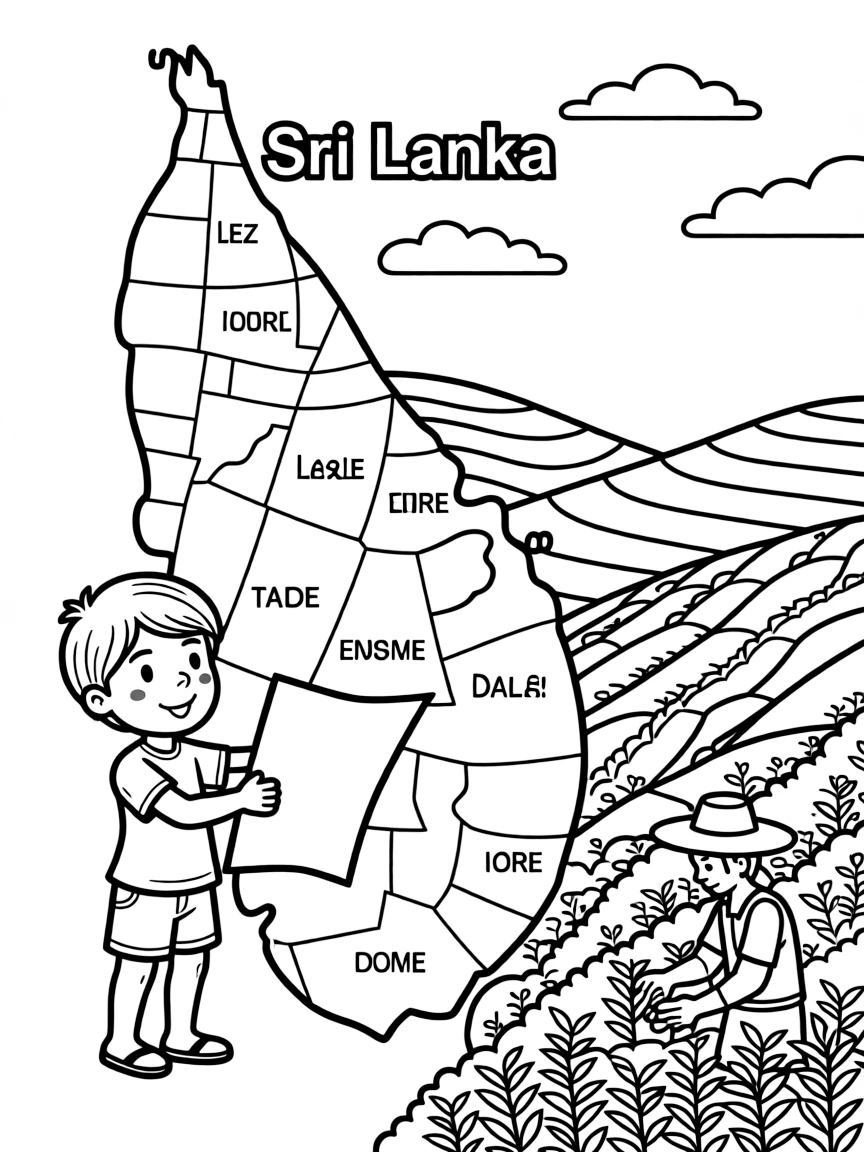 A child with a map of Sri Lanka and a tea plantation.