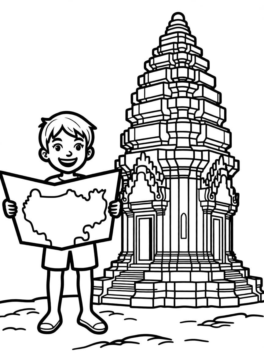 A cheerful child with a map of Cambodia and a stone temple.