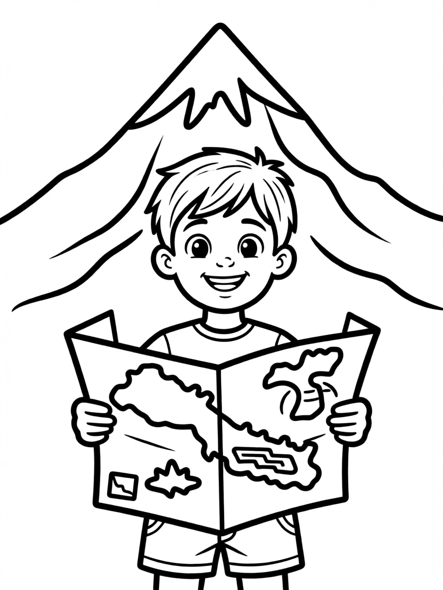 A smiling child with a map of Nepal and Mount Everest.