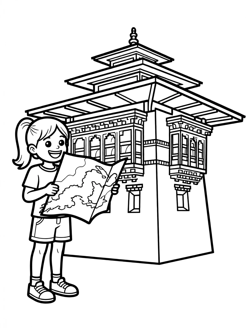 A happy child with a map of Bhutan and a fortress.