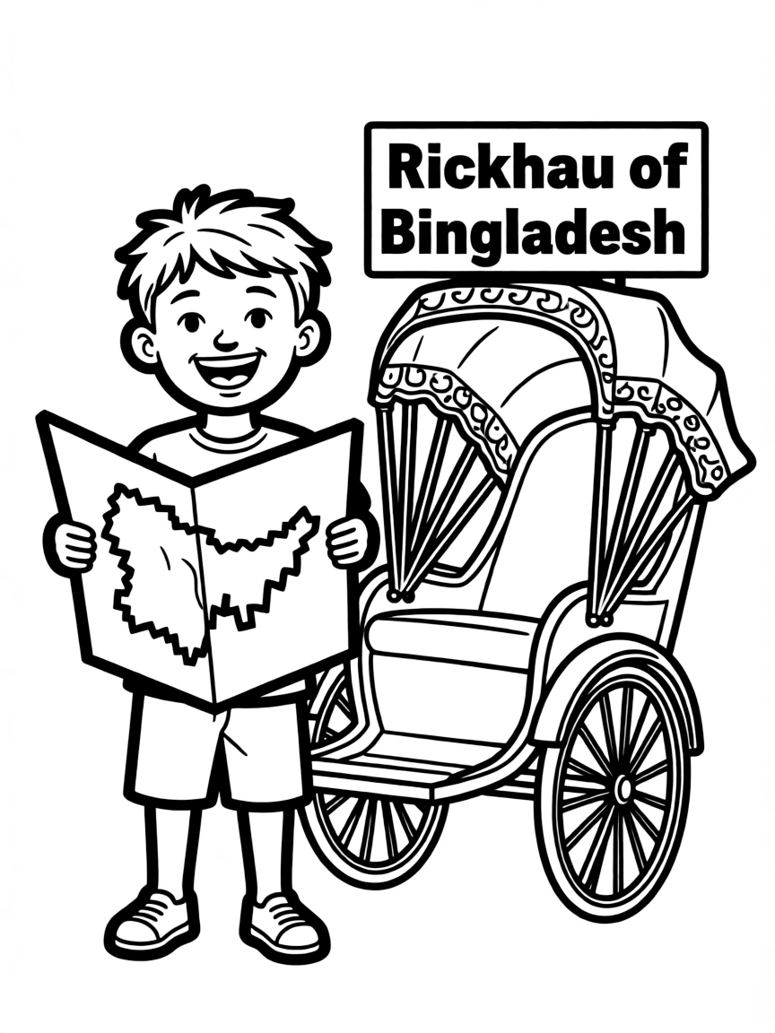 A cheerful child with a map of Bangladesh and a rickshaw.