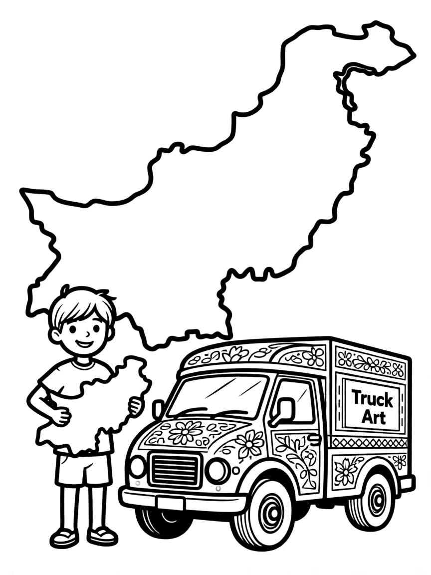 A child with a map of Pakistan and a truck art.