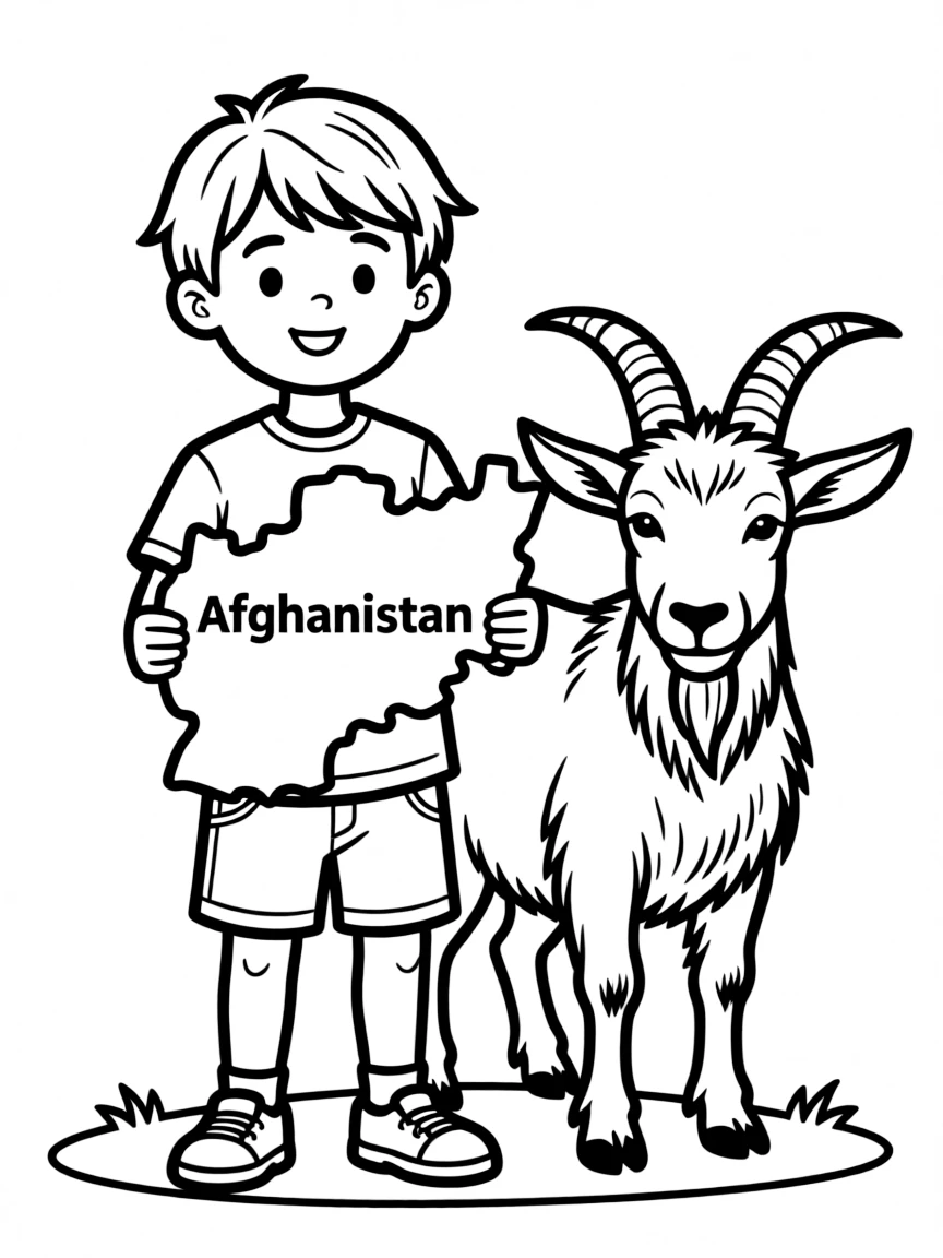A smiling child with a map of Afghanistan and a mountain goat.