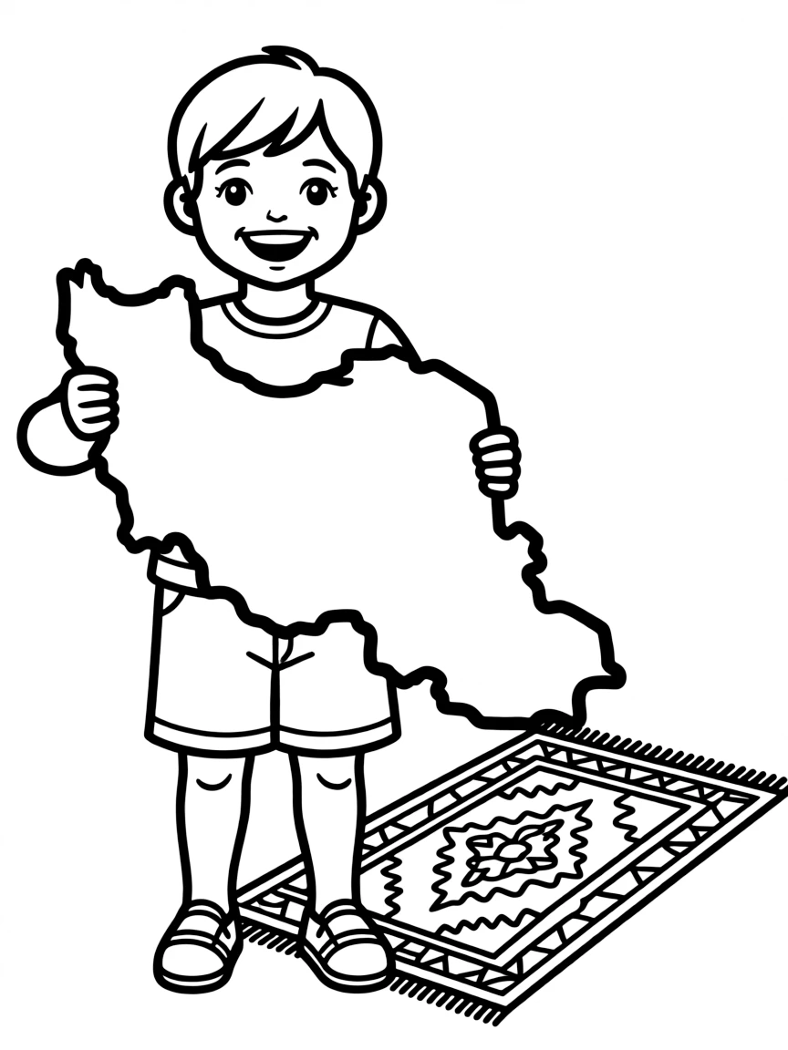 A happy child with a map of Iran and a Persian carpet.