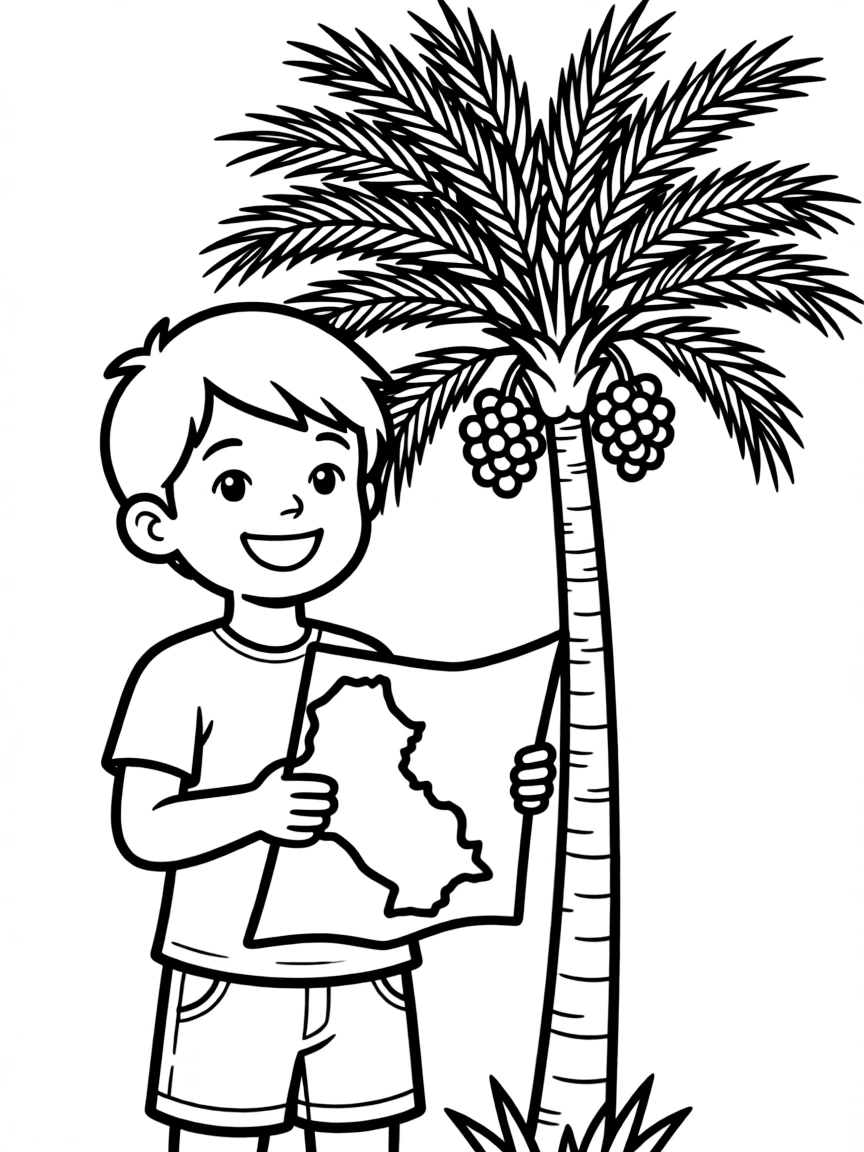 A cheerful child with a map of Iraq and a date palm tree.