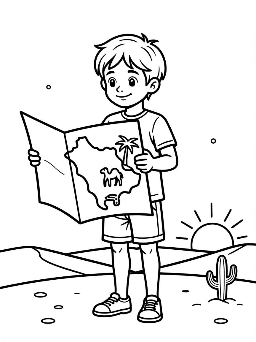 A child with a map of Saudi Arabia and a desert.