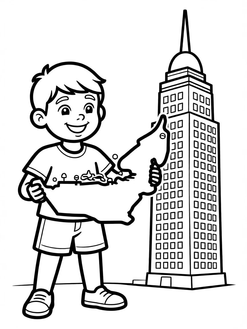 A smiling child with a map of United Arab Emirates and a skyscraper.