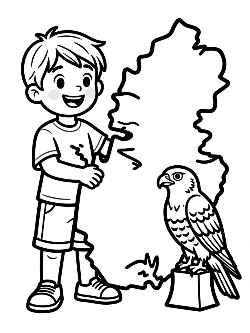 A happy child with a map of Qatar and a falcon.