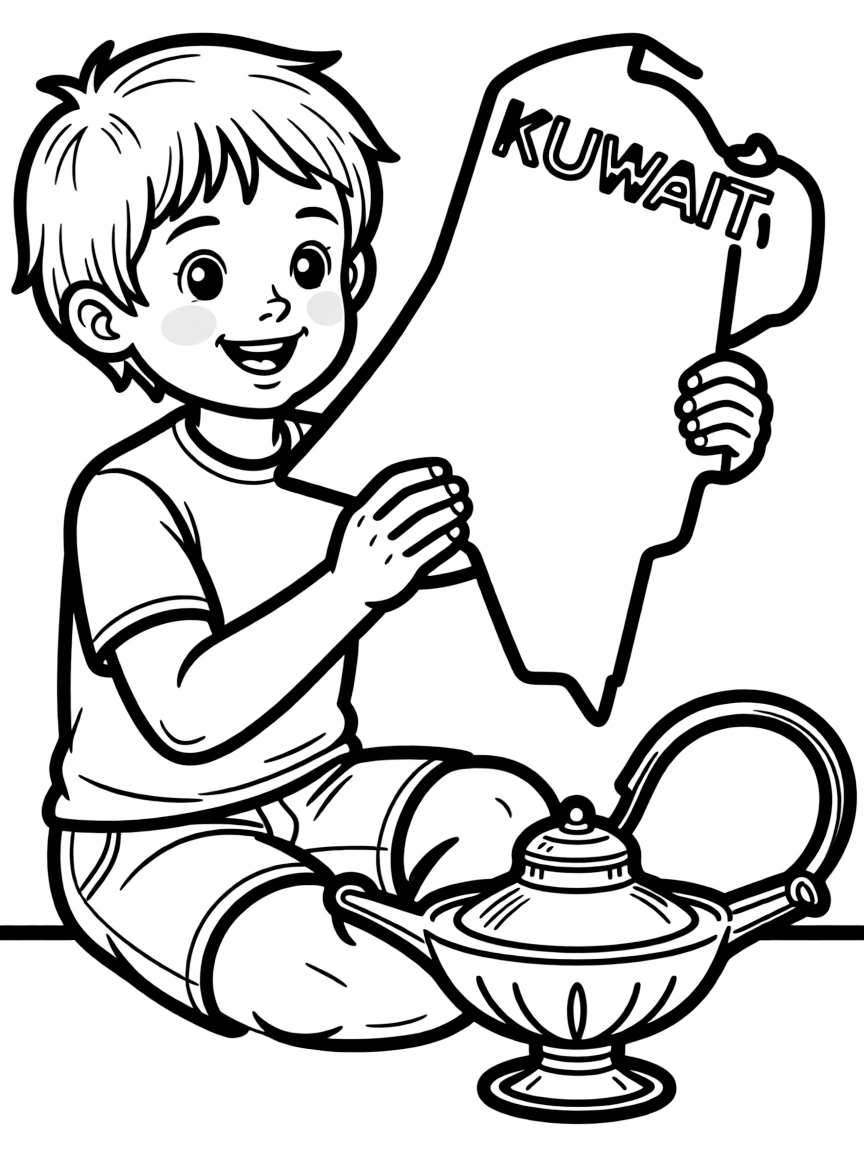 A cheerful child with a map of Kuwait and an oil lamp.