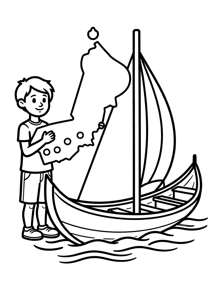 A child with a map of Oman and a traditional boat.
