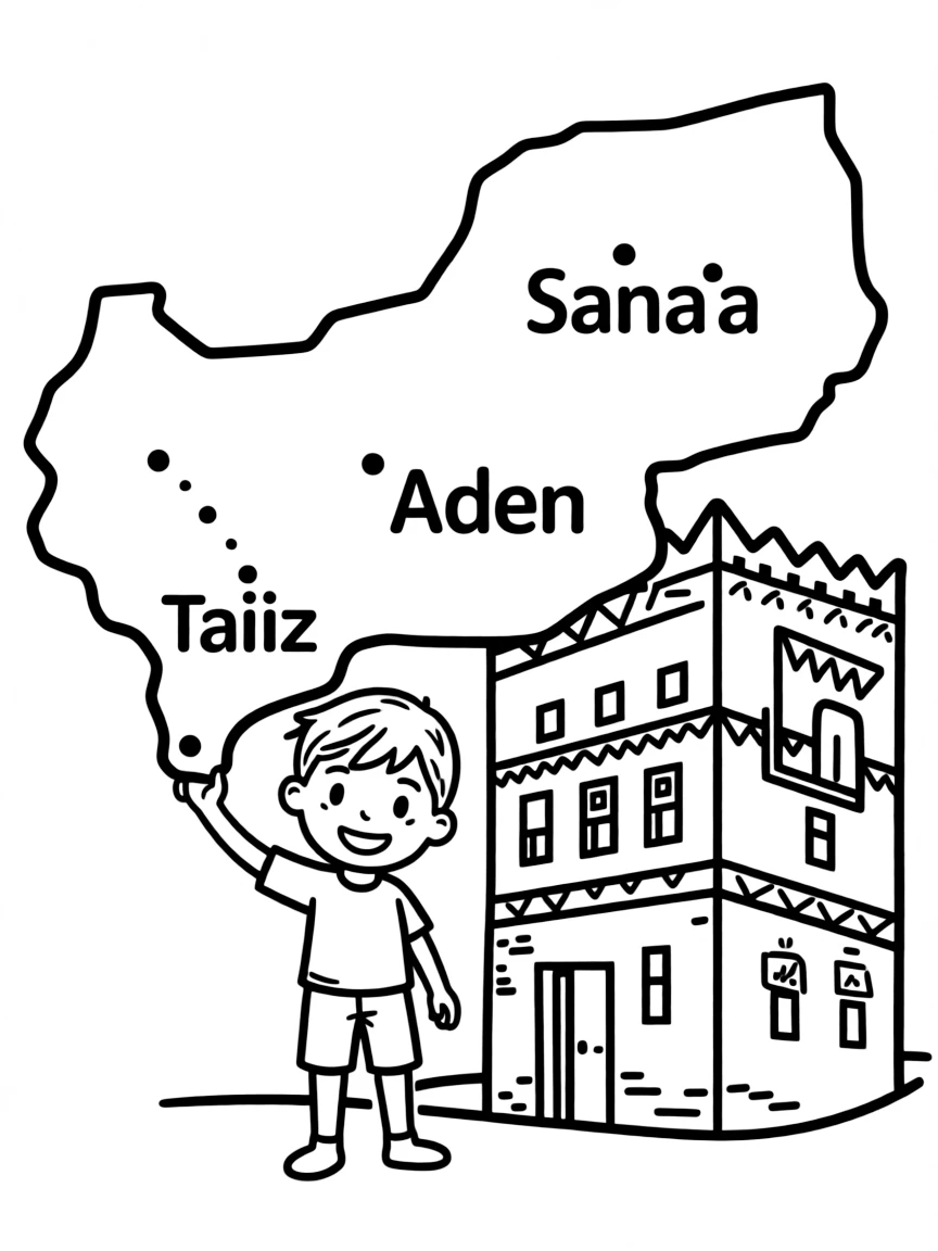 A smiling child with a map of Yemen and a traditional building.