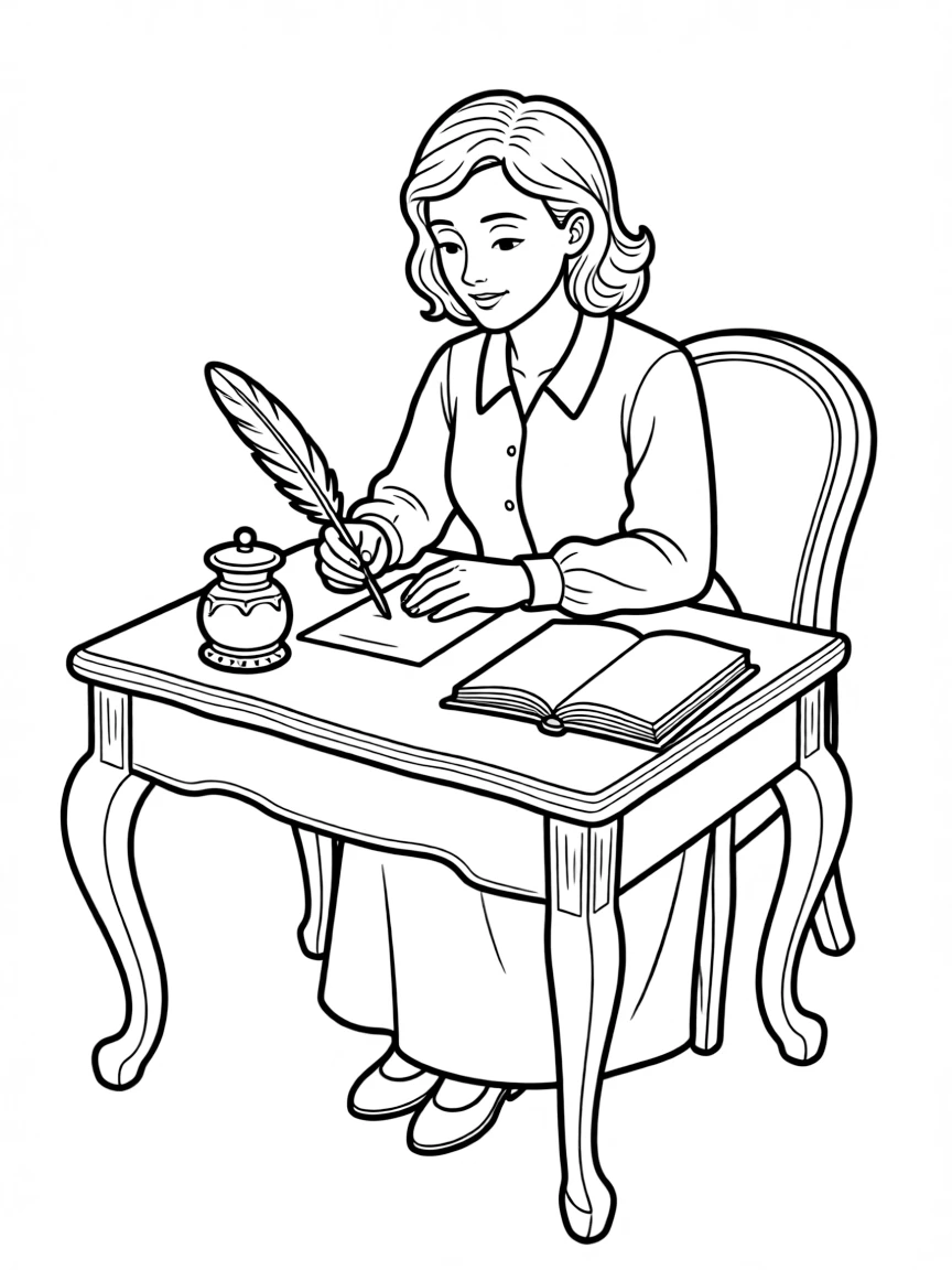 J.K. Rowling with a quill and ink