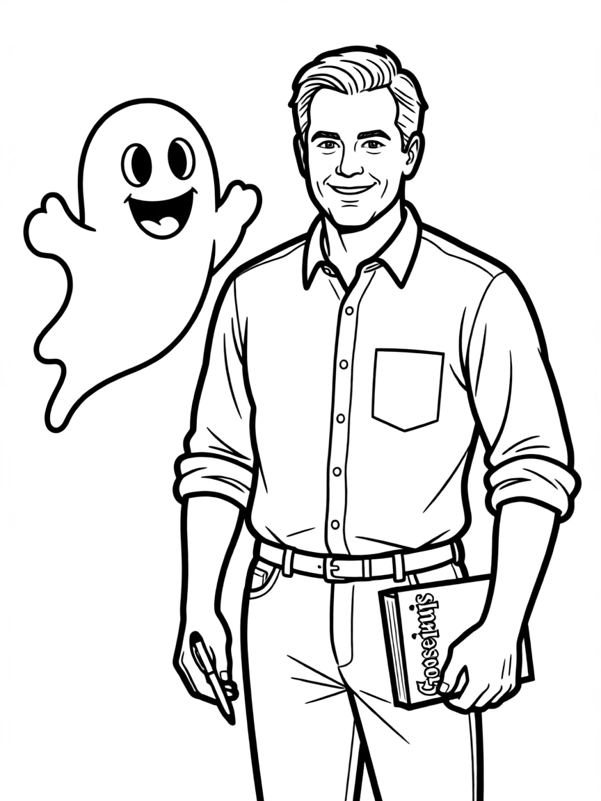 R.L. Stine with a friendly ghost