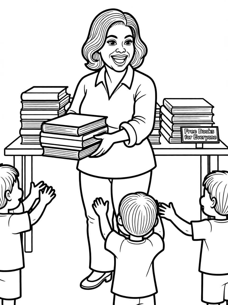 Oprah Winfrey handing out books