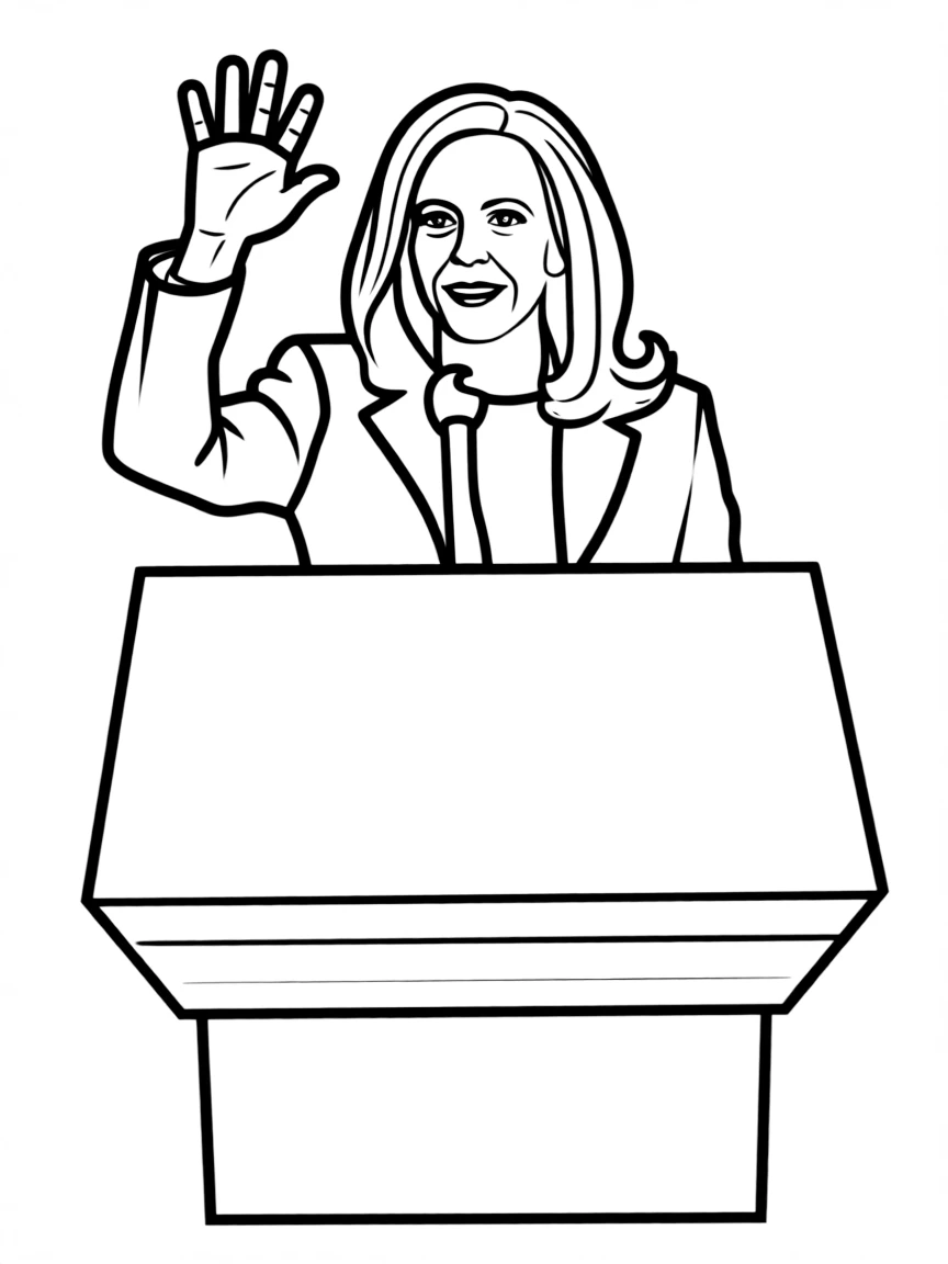 Kamala Harris waving from a podium