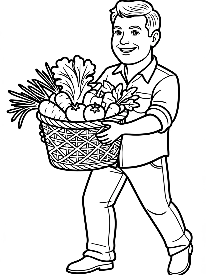 Jamie Oliver with a basket of fresh vegetables