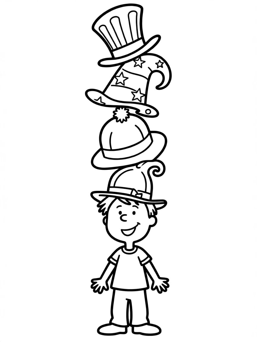 Dr. Seuss (classic drawing style) with a stack of funny hats