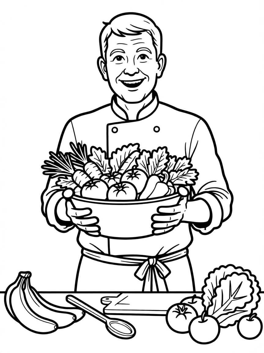 Jamie Oliver with a big, happy smile and fresh food